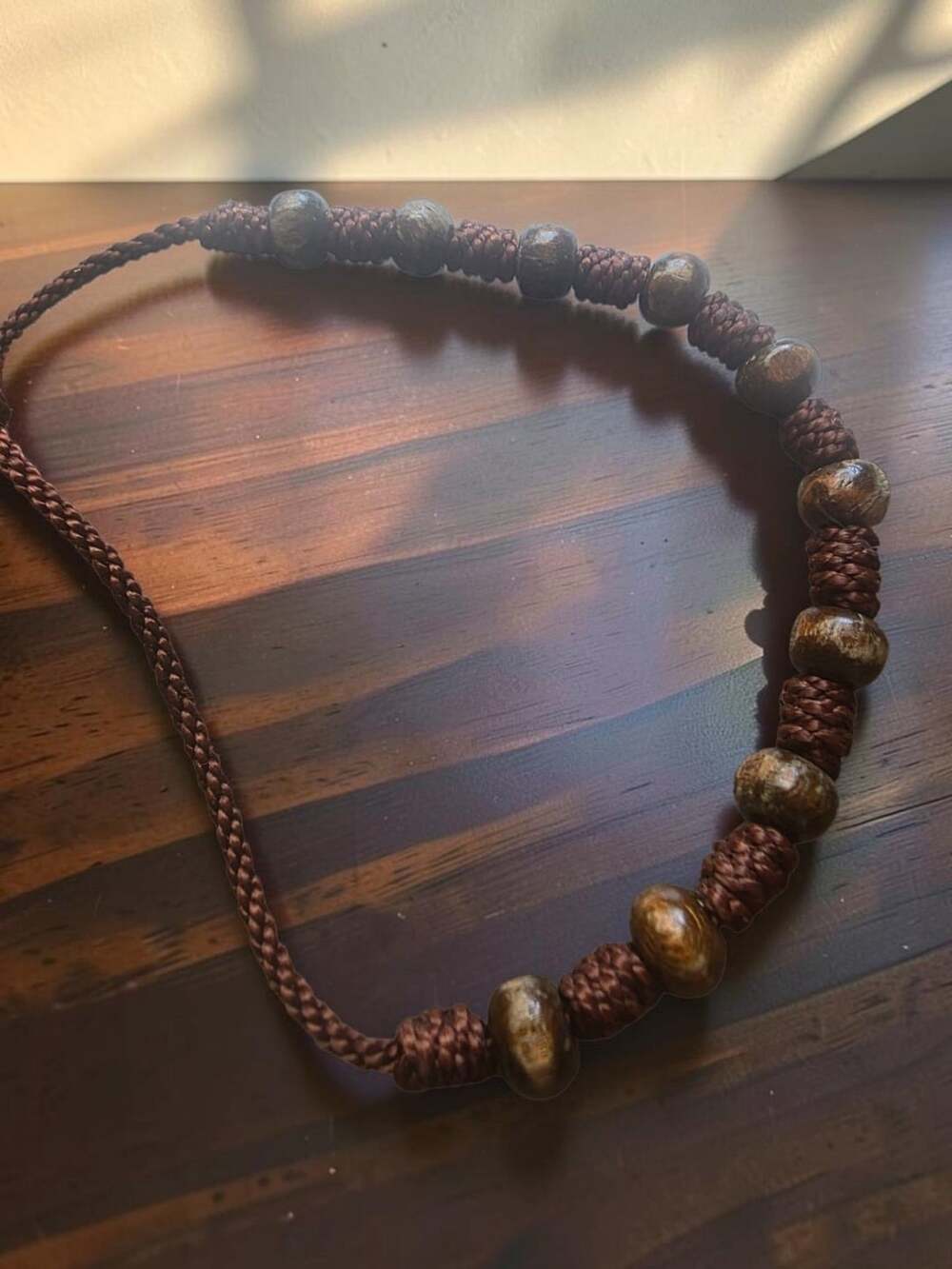 Brown Knotted Cord Beaded Cross Rosary Bracelet Adjustable